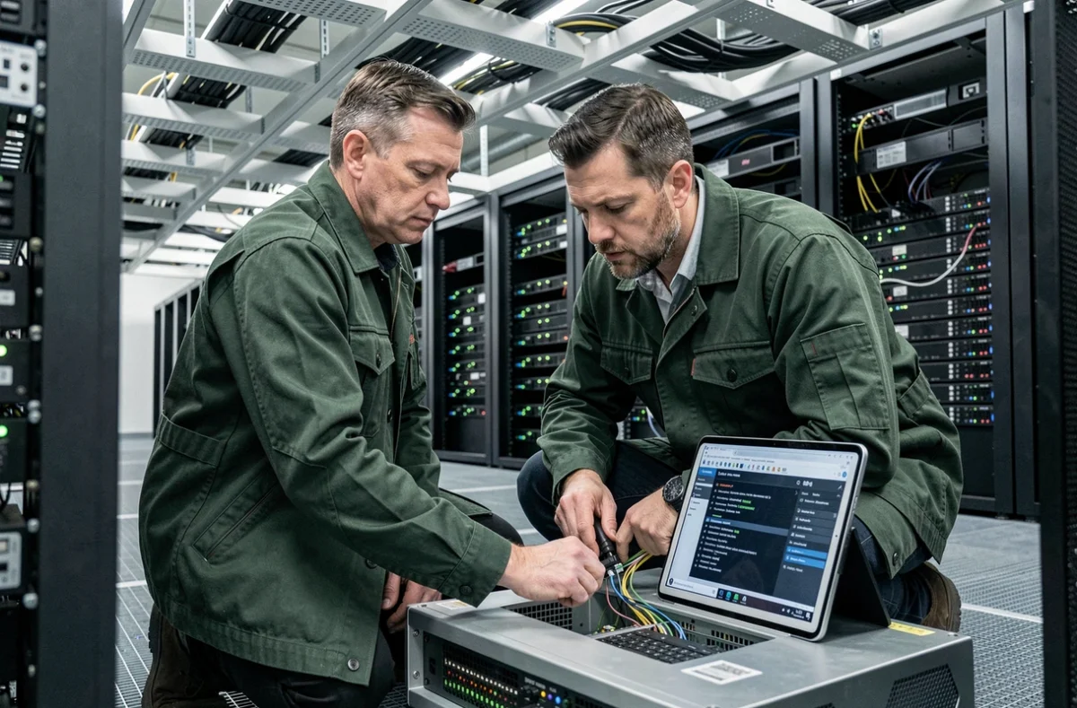 Technicien d'01-System installant des câbles fibre optique dans une salle de serveurs professionnelle