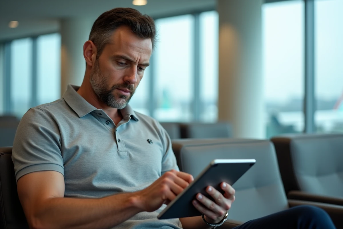 Employé Air France accédant au portail GPNet depuis un salon d'aéroport lors d'un déplacement professionnel