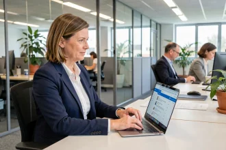 Femme professionnelle accédant au webmail 92 sur son ordinateur portable dans un bureau administratif des Hauts-de-Seine