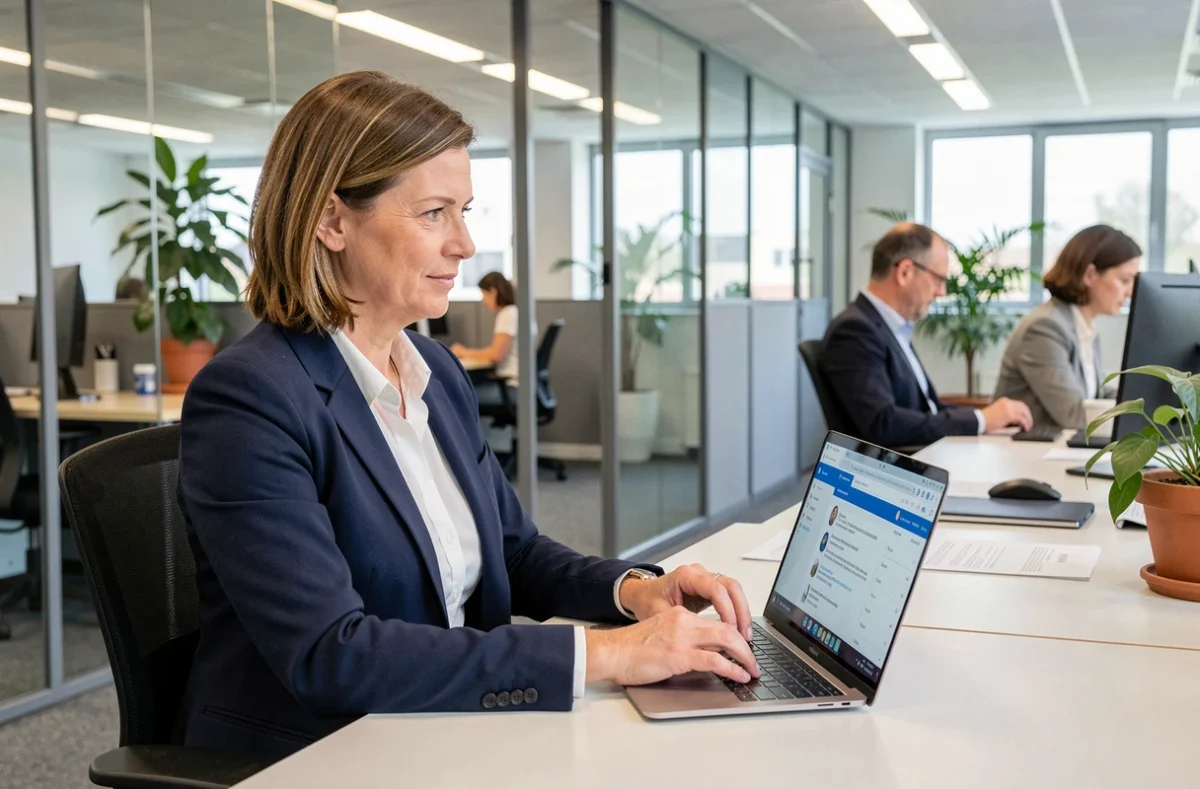 Femme professionnelle accédant au webmail 92 sur son ordinateur portable dans un bureau administratif des Hauts-de-Seine
