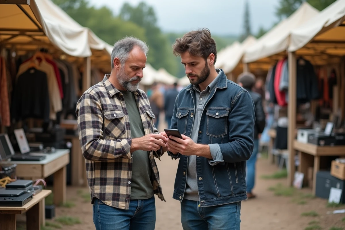 Deux hommes examinant l'état d'un Android d'occasion devant un stand de marché aux puces électronique