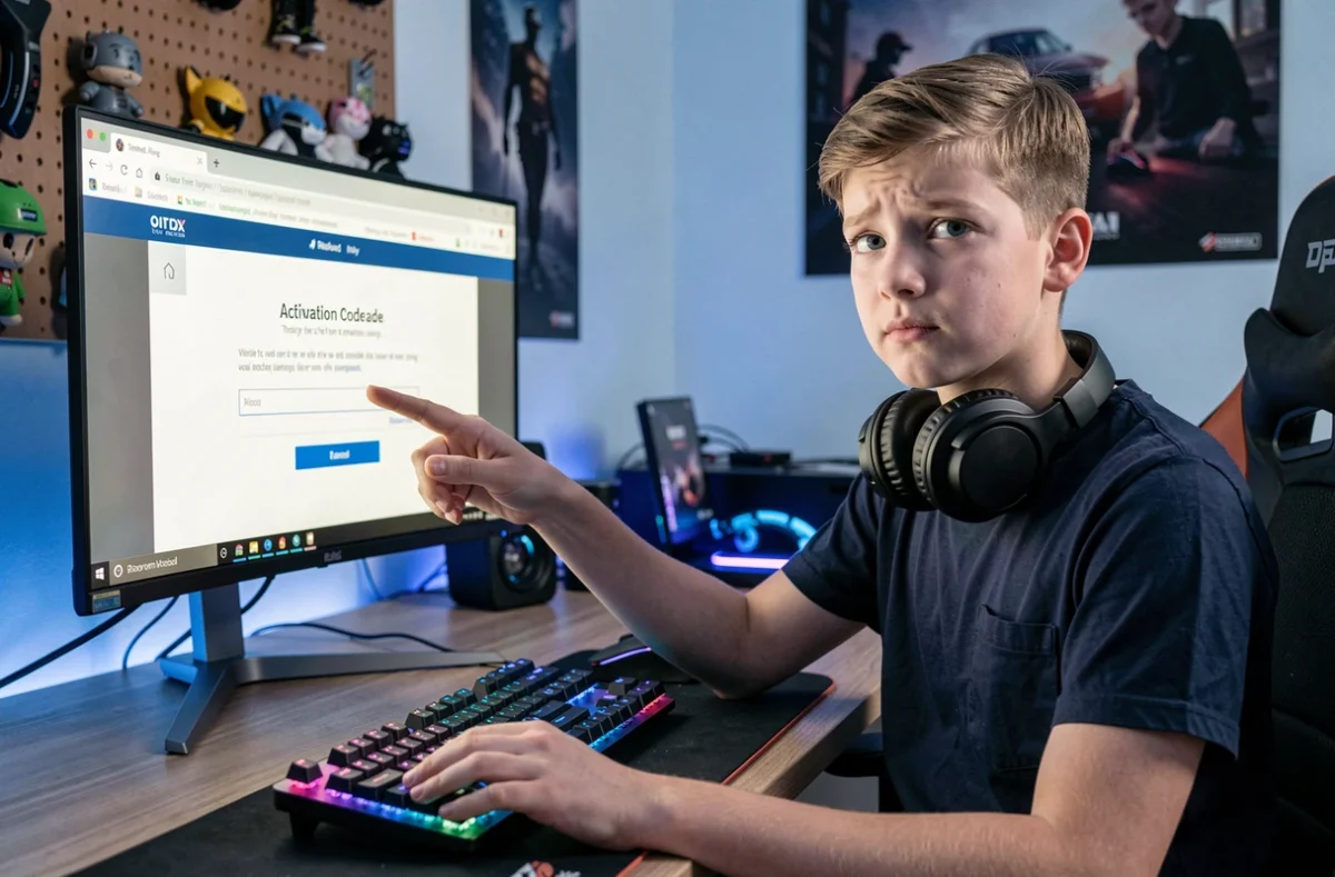 Adolescent en train de tenter d'activer son compte Epic Games sur un ordinateur de bureau avec un message d'erreur