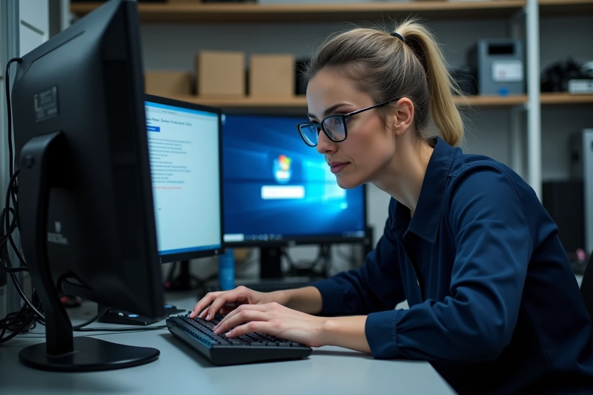 Technicienne activant Windows 7 sur un PC de bureau dans un atelier informatique