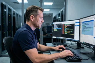 Administrateur système Solaris analysant des logs de maintenance sur plusieurs écrans dans un centre d'opérations serveur