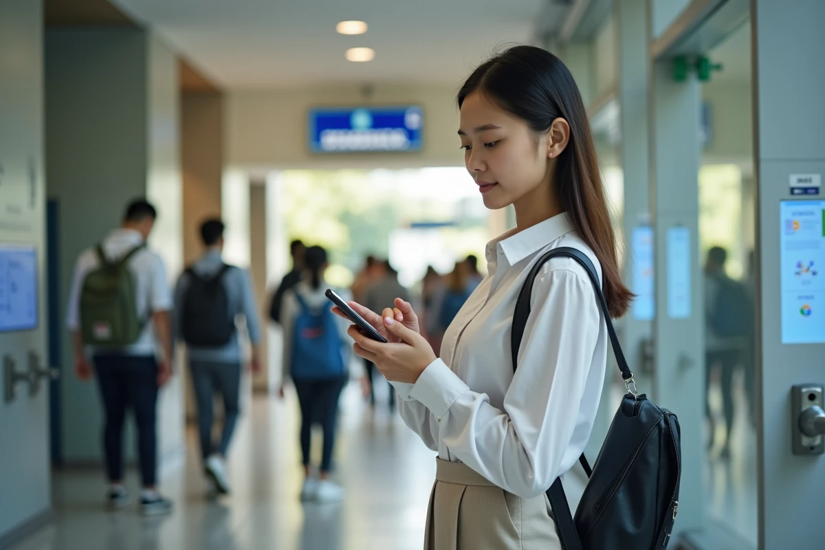 Jeune administratrice scolaire utilisant son smartphone dans le hall moderne