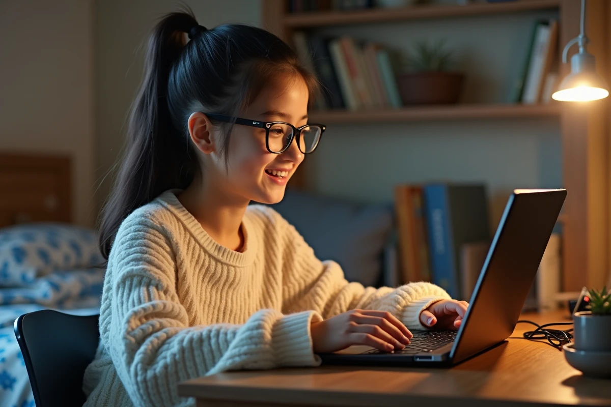 Fille adolescente jouant à un jeu vidéo sur un ordinateur portable dans sa chambre
