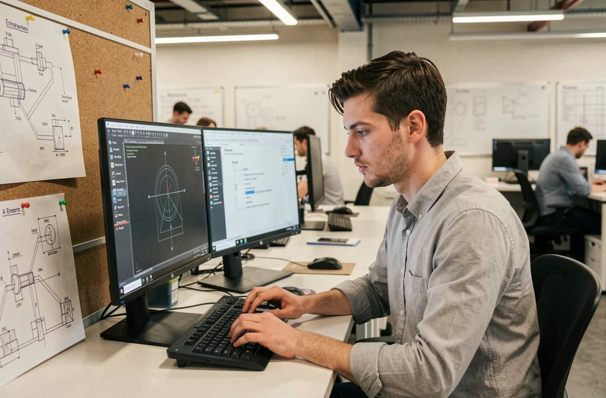 Ingénieur Alten concentré sur une conception CAD dans un open space d'ingénierie moderne