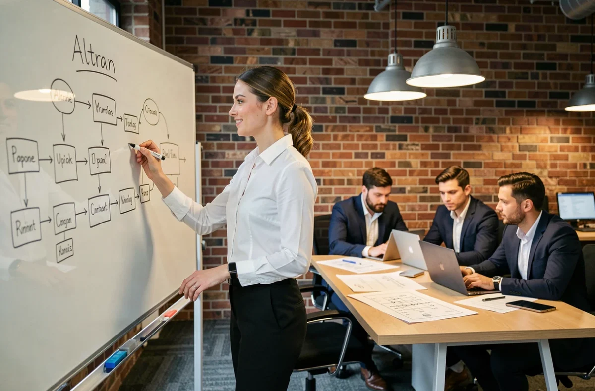 Consultante Altran esquissant un diagramme de processus technique sur tableau en verre devant une équipe réunie