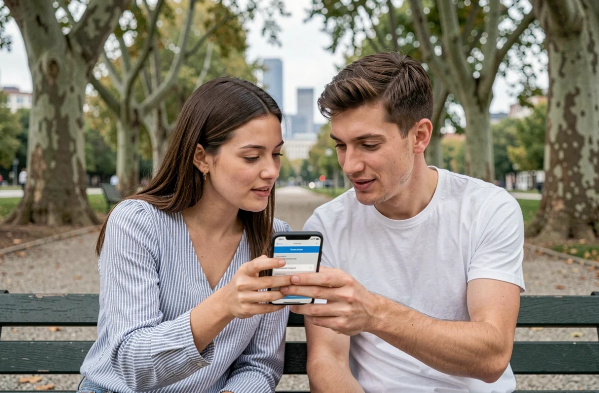 Deux amis comparant des forfaits mobiles RED&Moi sur smartphone dans un parc urbain