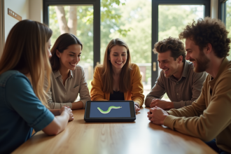 Groupe d'amis jouant à Snake sur une tablette lumineuse