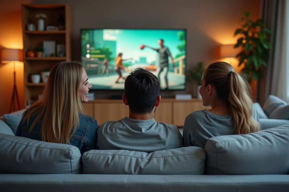 Groupe d'amis réunis dans un salon moderne pour jouer ensemble via le service Game Pass sur Xbox