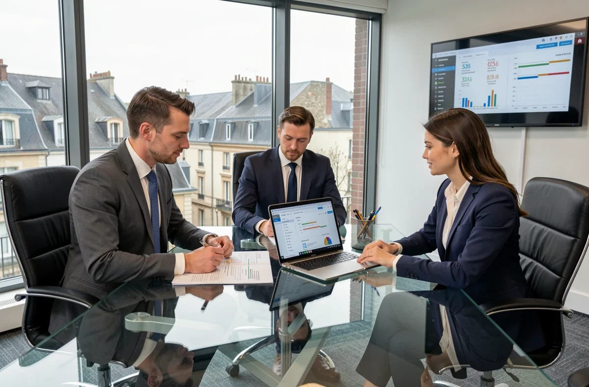 Équipe de consultants AMJ Groupe réunis en salle de conférence autour de tableaux de bord ERP et de feuilles de route de projets
