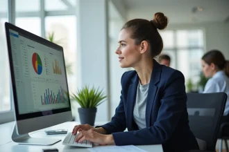 Femme professionnelle analysant des statistiques de campagne emailing sur un écran d'ordinateur dans un bureau moderne