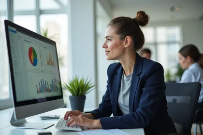 Femme professionnelle analysant des statistiques de campagne emailing sur un écran d'ordinateur dans un bureau moderne