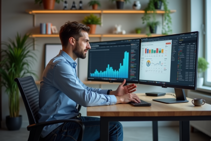 Jeune homme analysant des données SEO sur un ordinateur