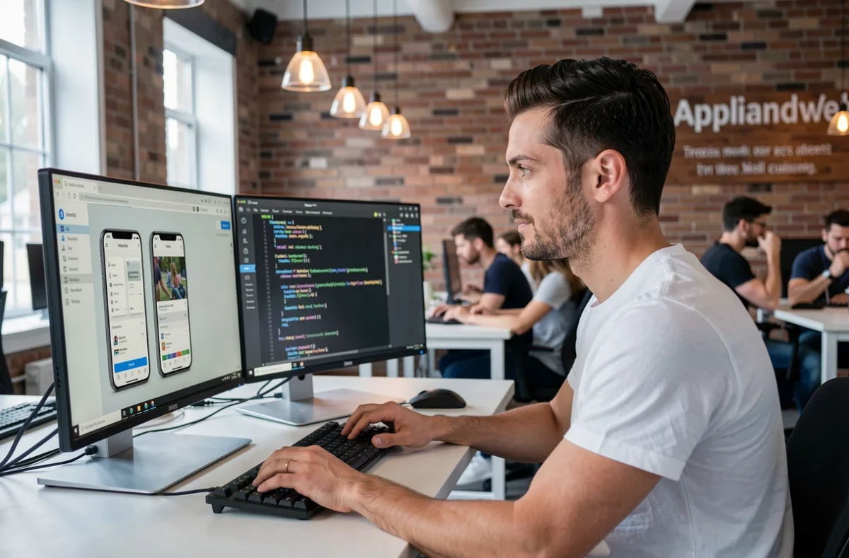 Développeur Appliandweb travaillant sur une application mobile et un site web dans un espace de coworking moderne