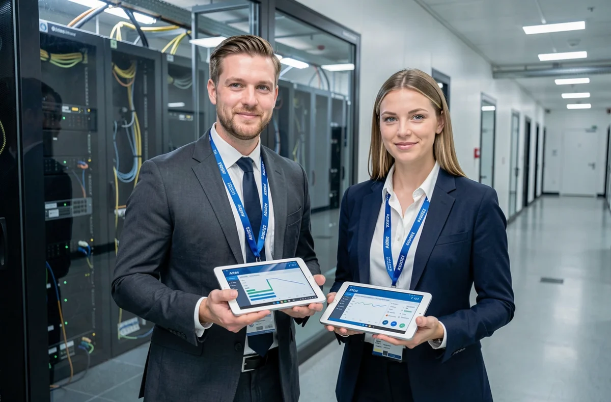 Deux professionnels IT Atos devant une salle de serveurs équipée, tenant des tablettes affichant des tableaux de bord d'infrastructure