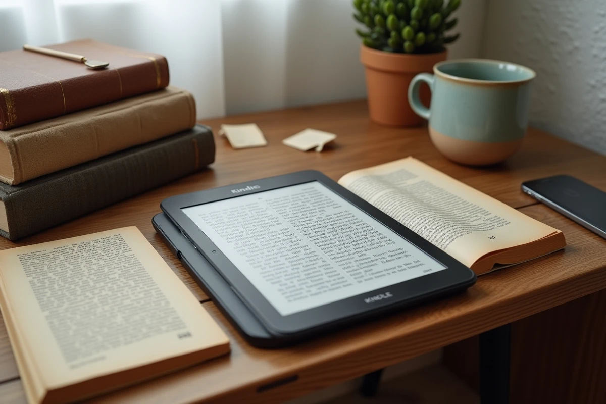 Vue du dessus d'un bureau avec une liseuse Kindle posée à côté d'un livre papier ouvert et une tasse de café