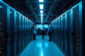 Intérieur moderne d'un centre de données avec rangées de serveurs et techniciens