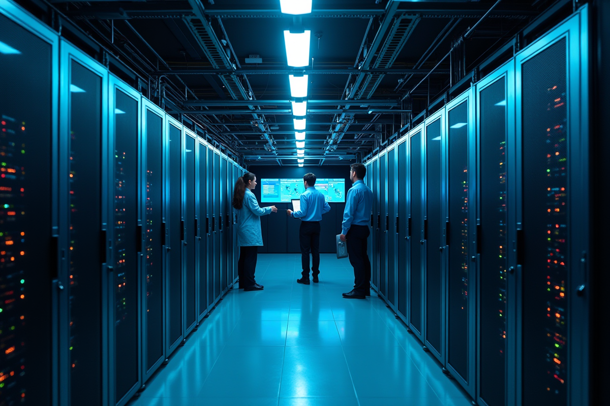 Intérieur moderne d'un centre de données avec rangées de serveurs et techniciens