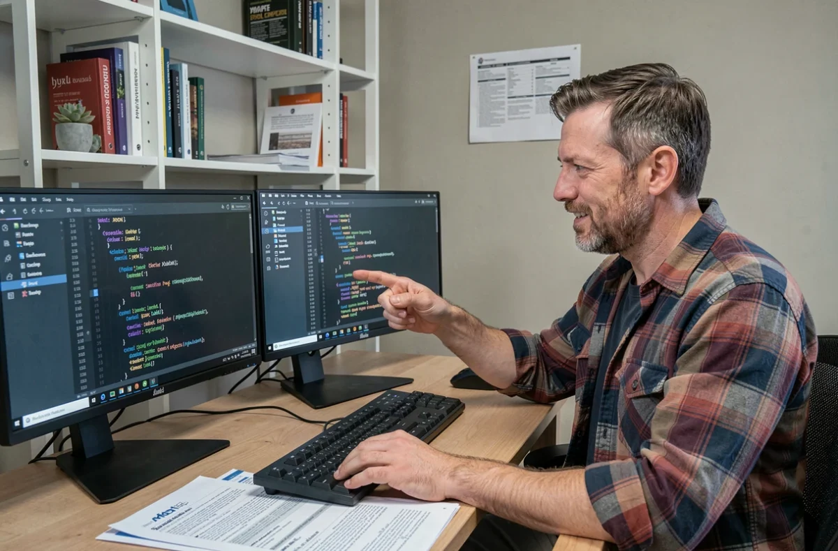 Deux développeurs en code review collaborant sur un script Python de transformation XML vers JSON dans un bureau à domicile