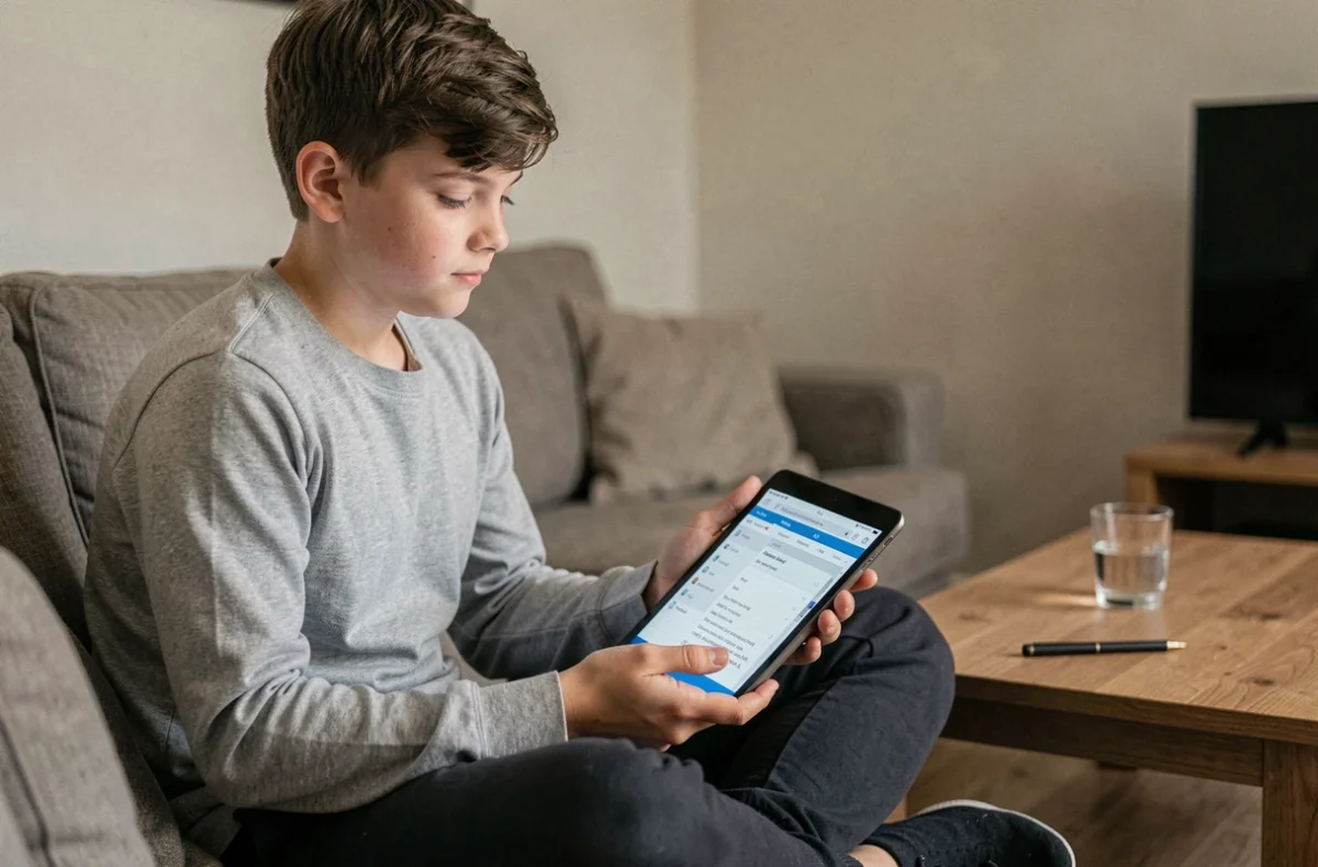 Collégien utilisant une tablette pour accéder au cahier de texte en ligne sur l'ENT depuis le salon