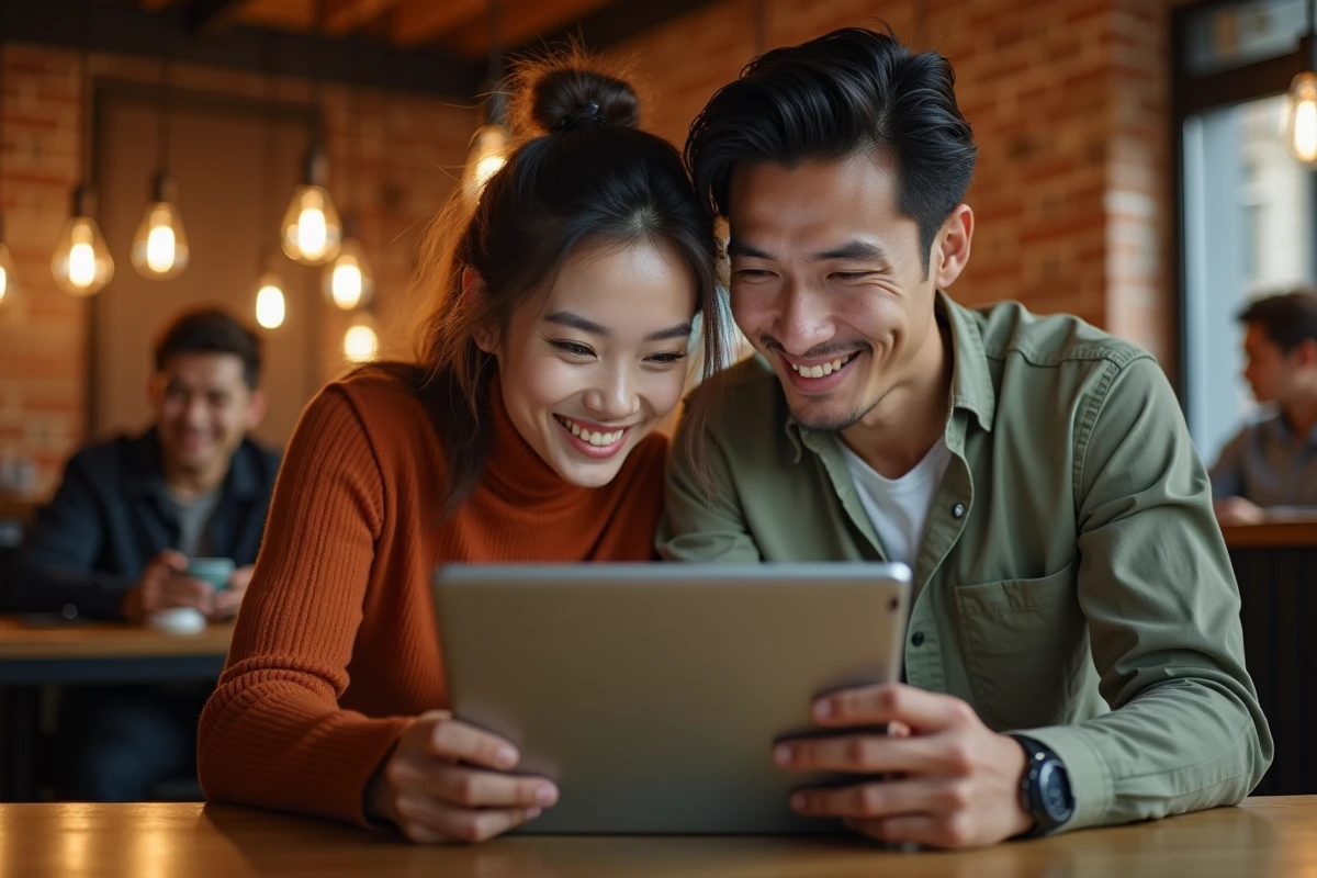 Deux collègues consultant une confirmation de transfert de fichiers volumineux vers l'international sur une tablette dans un espace de coworking