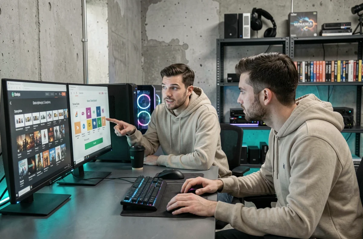 Deux hommes comparant les offres Games Prime et Prime Gaming sur des écrans doubles dans un espace gaming collaboratif