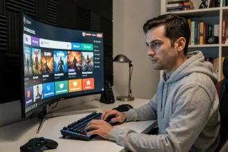 Homme comparant les abonnements Games Prime et Prime Gaming sur un grand écran incurvé dans un bureau gaming moderne