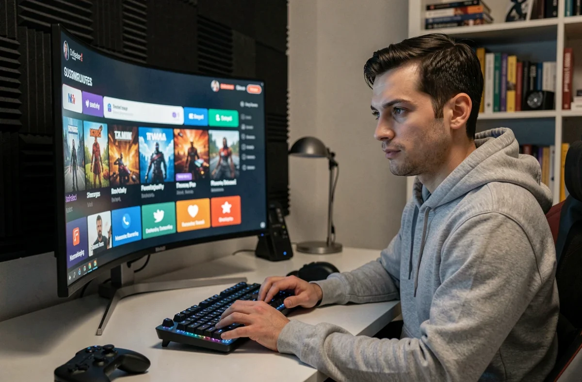 Homme comparant les abonnements Games Prime et Prime Gaming sur un grand écran incurvé dans un bureau gaming moderne