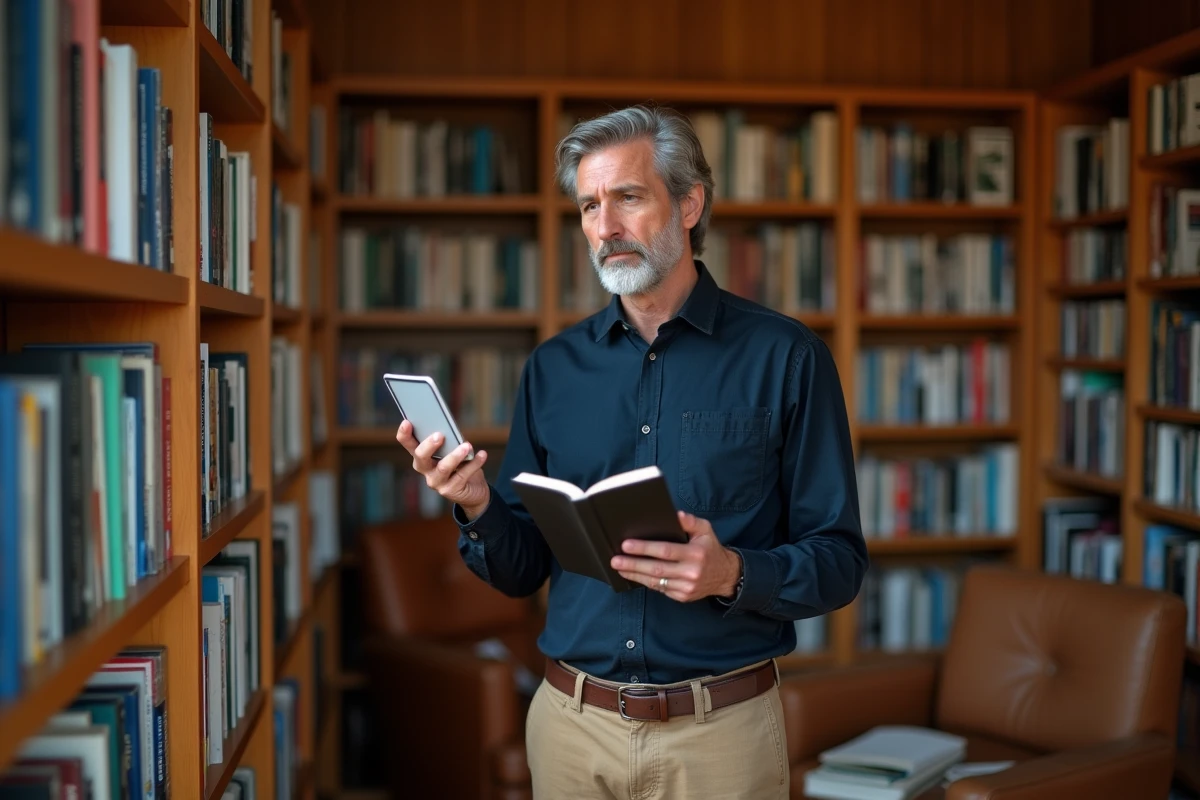 Homme comparant une liseuse Kindle numérique et un livre papier dans une bibliothèque personnelle en bois