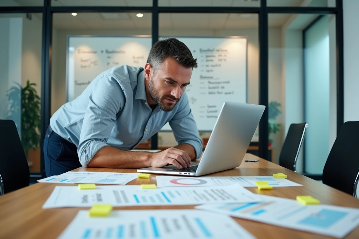 Professionnel du marketing comparant les prix de logiciels emailing sur ordinateur portable avec des rapports imprimés