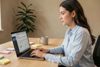 Femme professionnelle comptant les caractères d'un email sur un ordinateur portable au bureau