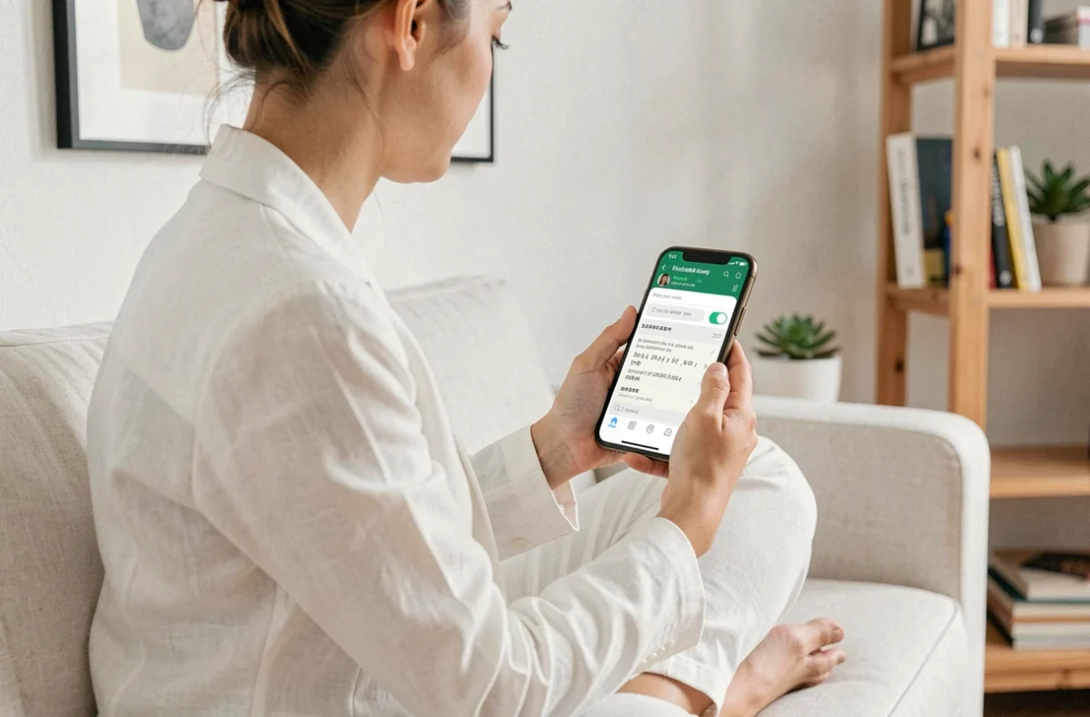 Jeune femme utilisant un compteur de caractères pour email sur smartphone depuis son domicile