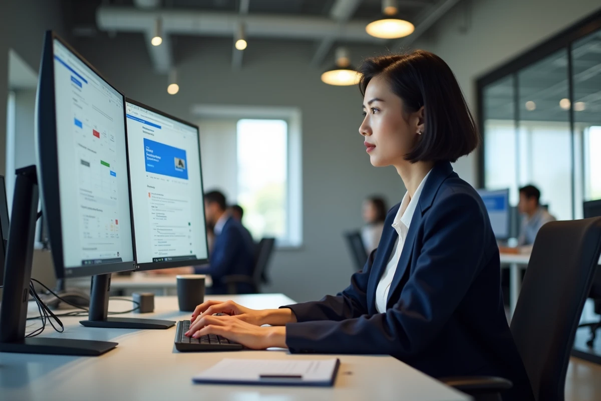 Femme professionnelle configurant un espace de travail Google sur double écran dans un bureau en open space