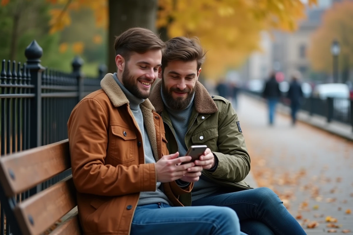 Deux amis consultant Facebook Messenger sur un téléphone dans un parc urbain en automne
