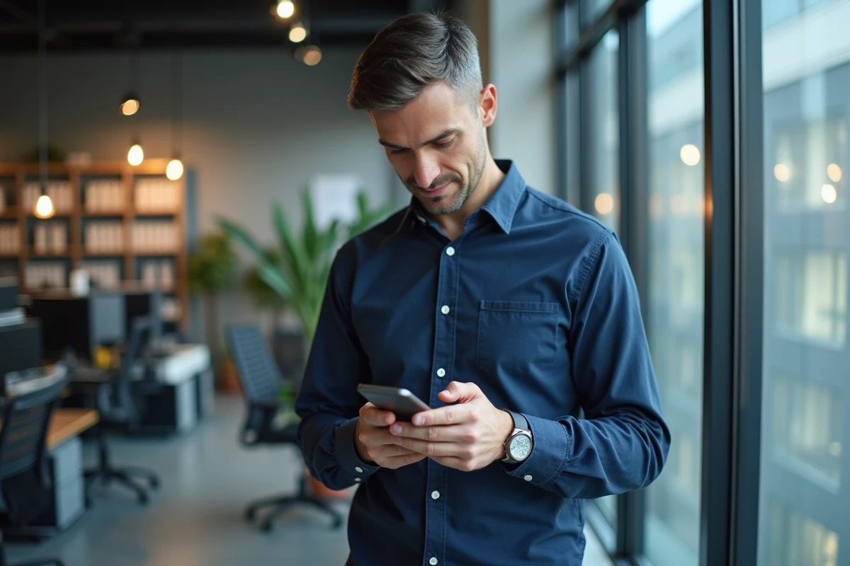 Homme se connectant à Facebook Messenger sur son téléphone dans un bureau moderne