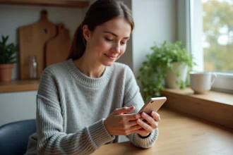 Femme utilisant Facebook Messenger sur son smartphone depuis sa cuisine
