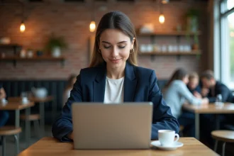Femme professionnelle travaillant sur un ordinateur portable dans un café, illustrant la connexion au réseau d'entreprise hors bureau