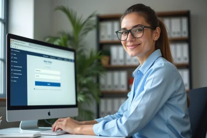 Femme connectée à la messagerie académique Amiens sur un ordinateur de bureau dans un bureau administratif