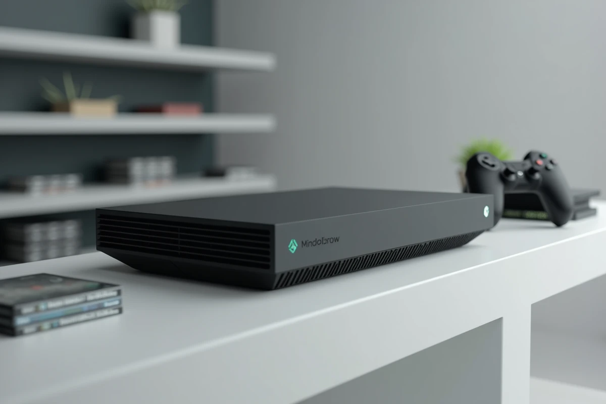 Console Xbox nouvelle génération en finition mate noire avec accessoires de jeu sur une étagère minimaliste