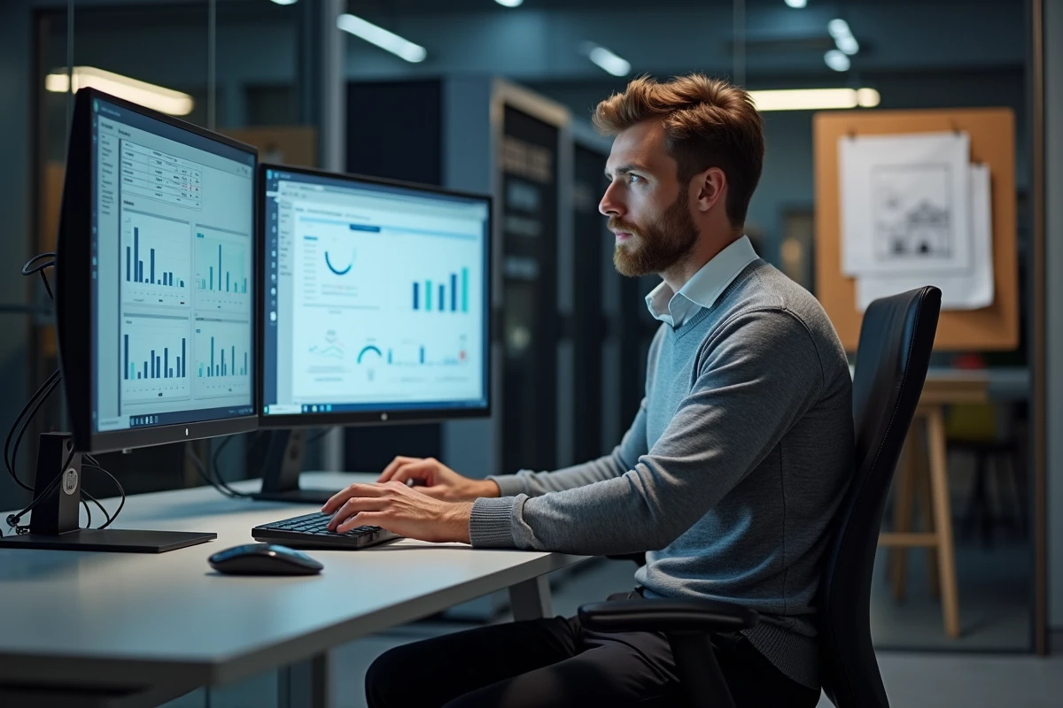Consultant informatique spécialisé en hôtellerie travaillant sur des logiciels de gestion intégrée pour un groupe hôtelier dans un bureau opérationnel moderne
