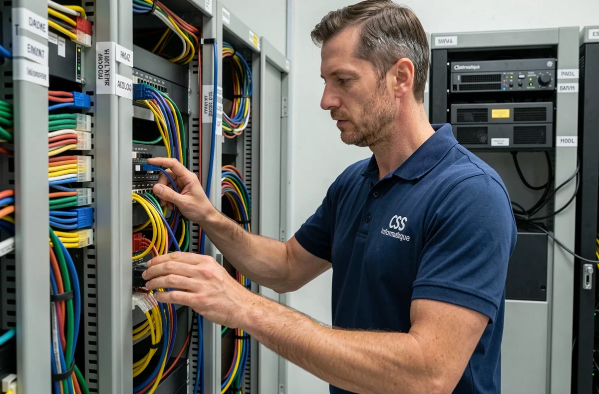 Technicien CSS Informatique configurant un commutateur réseau dans une salle serveurs professionnelle à Marseille