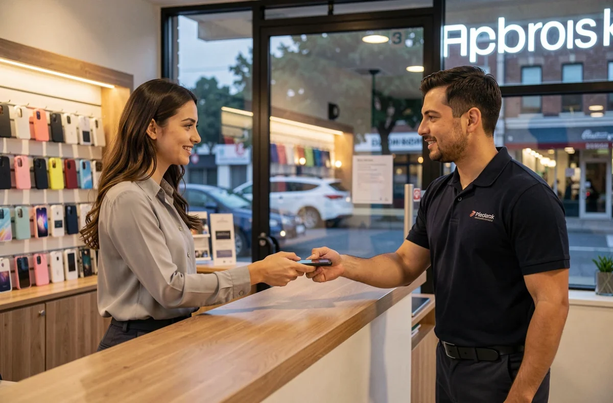 Cliente déposant son téléphone en réparation dans une boutique ouverte en fin de journée à Montpellier