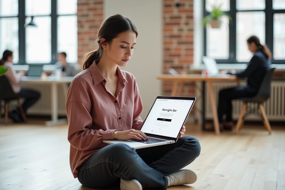 Designer UX analysant le positionnement CSS d'un bouton sticky et d'une barre de navigation fixe sur un laptop dans un espace de coworking