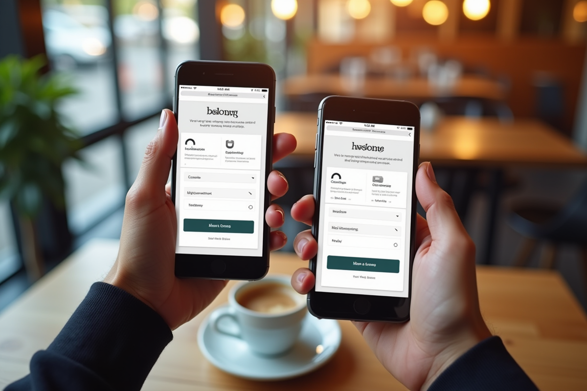 Deux mains tenant des smartphones affichant des pages de tarification de sites web