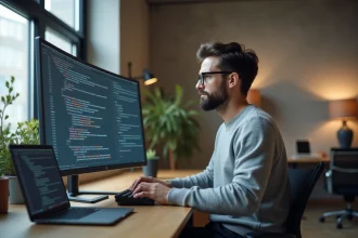 Développeur web travaillant sur du code CSS de positionnement absolu avec un header sticky affiché sur un écran ultrawide
