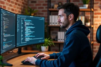 Développeur installant Python et pip sur son ordinateur dans un bureau à domicile moderne