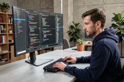 Développeur Python concentré devant un écran affichant du code XML et JSON dans un éditeur sombre, dans un bureau moderne