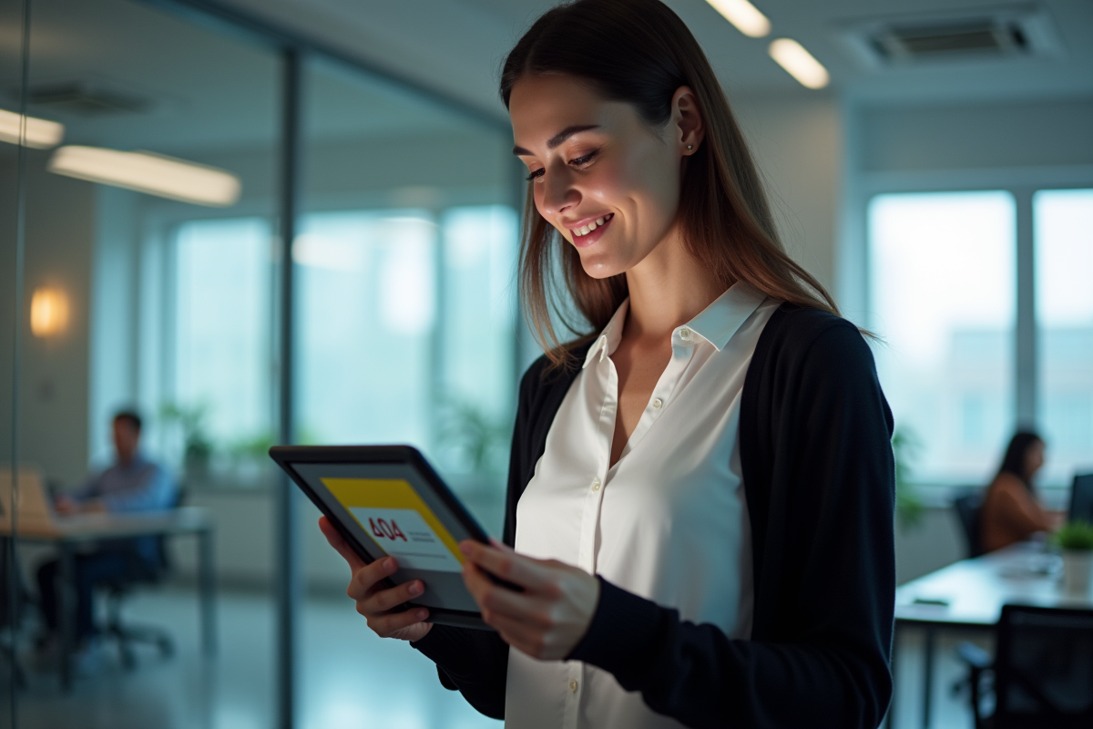 Developpeuse web regardant une erreur 404 sur sa tablette